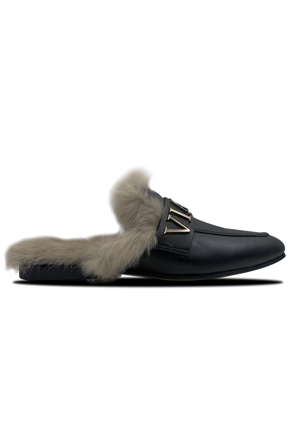 Vialli Alediolo Black Slip-On Shoes with Luxurious Fur Lining & Gold Accents