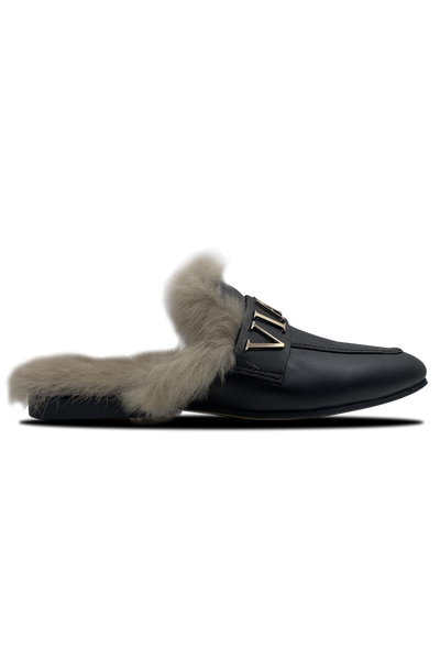 Vialli Alediolo Black Slip-On Shoes with Luxurious Fur Lining & Gold Accents