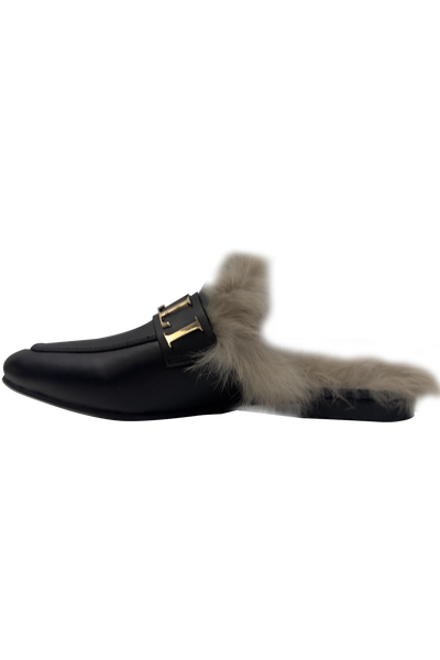 Vialli Alediolo Black Slip-On Shoes with Luxurious Fur Lining & Gold Accents